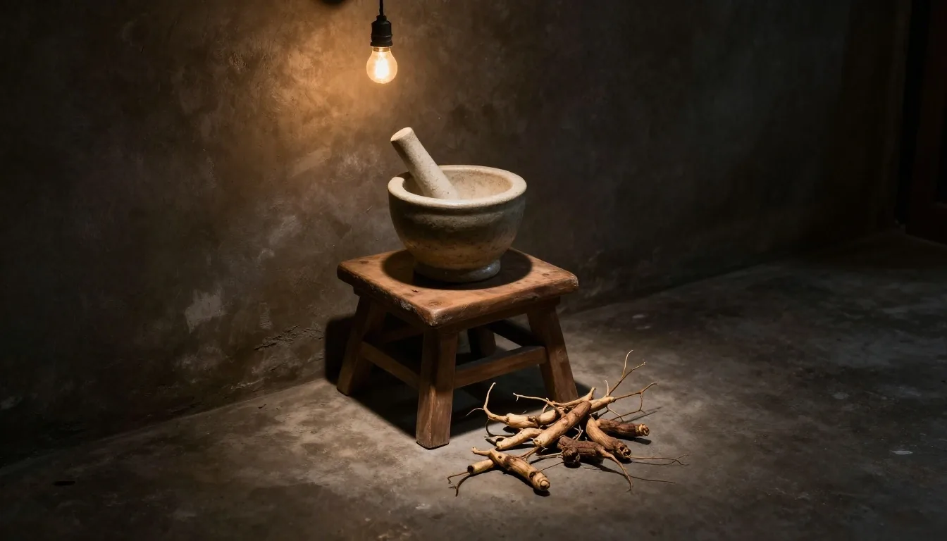 Natural supplement ingredients on a dark surface under overhead light