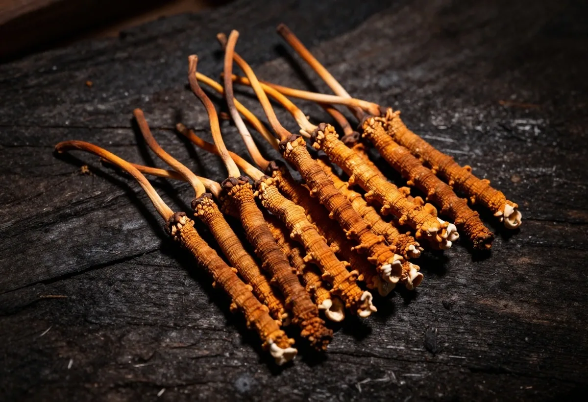 Dried cordyceps fungus on a dark surface