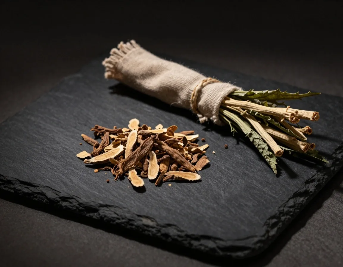 Botanical supplement ingredients on a dark surface