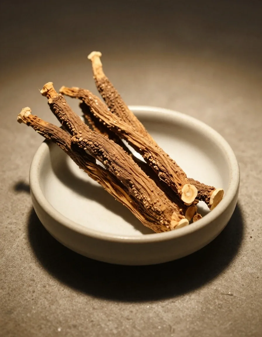 Dried botanical roots in a ceramic dish on a dark surface