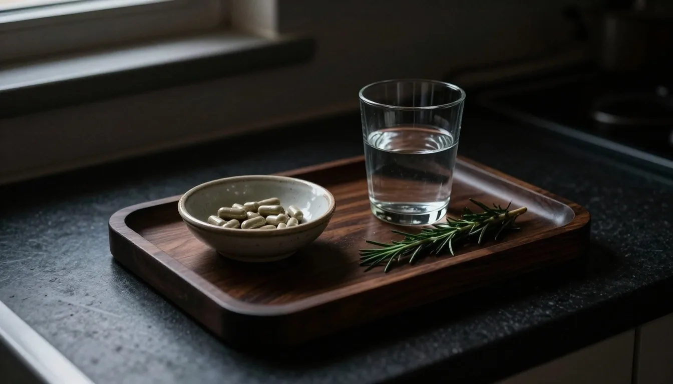 A morning supplement routine arranged on a dark surface