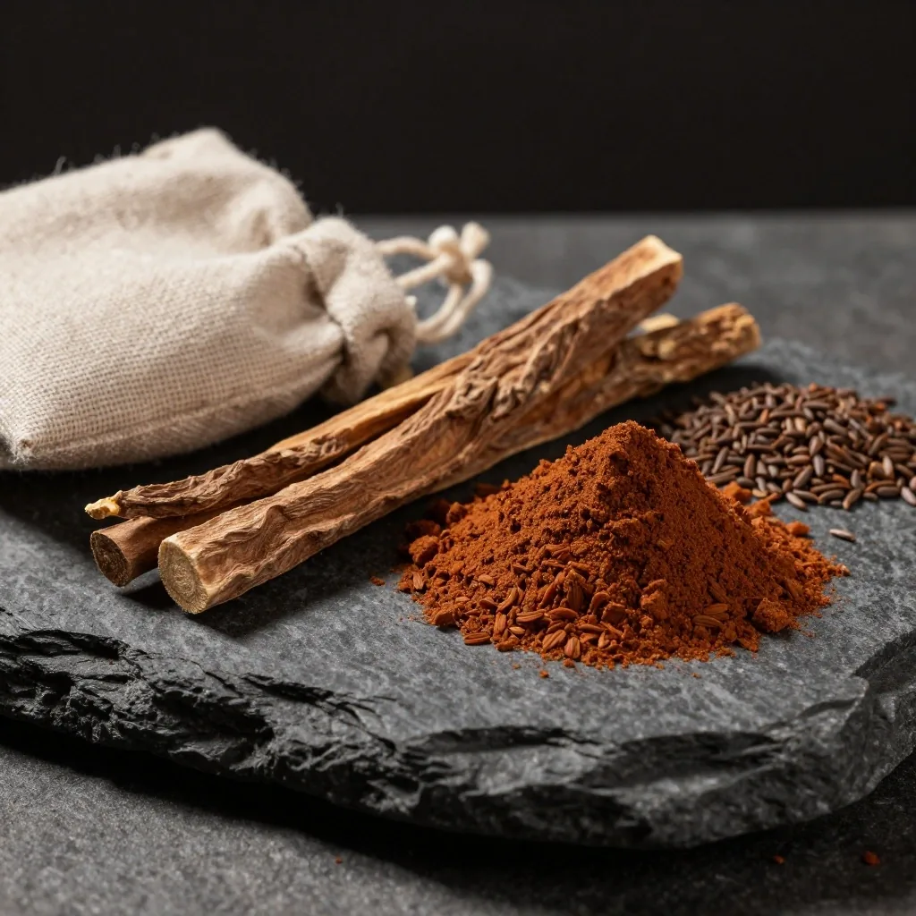 Tongkat ali root, maca powder, and fenugreek on a dark surface