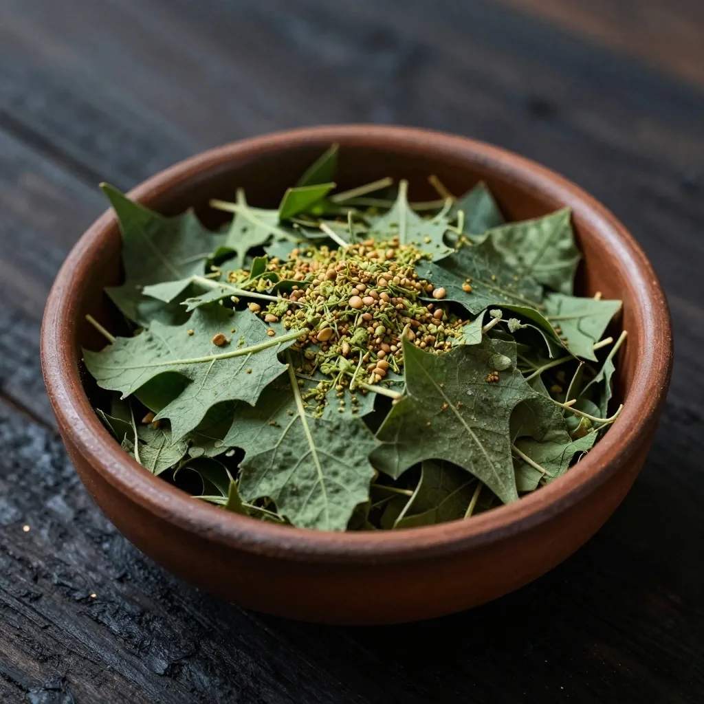 Dried herbs and botanical powders in a ceramic dish on a dark surface